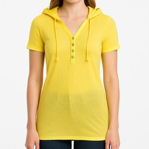Da-Nang Yellow Short Sleeve Hoodie Henley Top Lightweight Cotton Graphic Tee